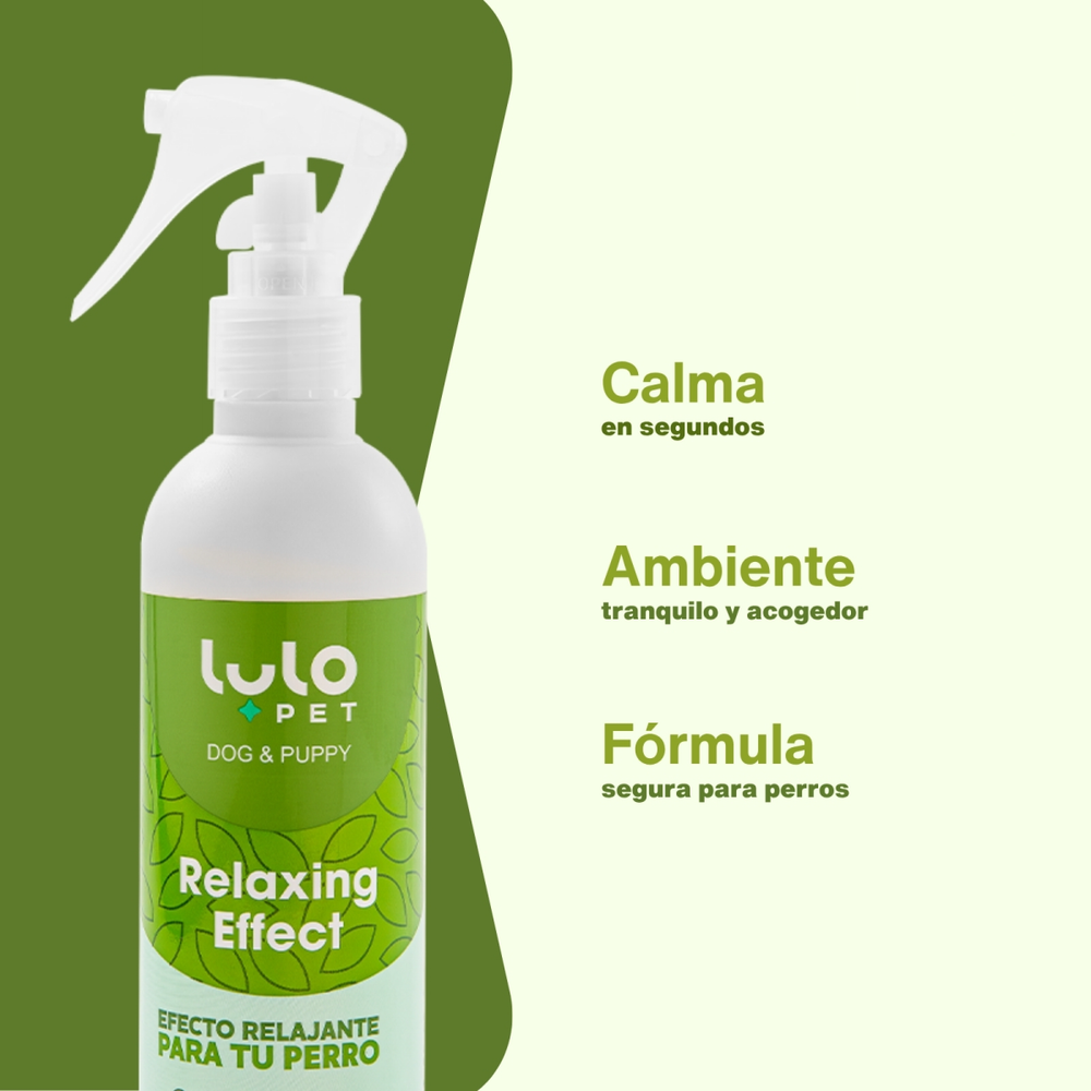 Spray relajante para perros Lulo Pet Relaxing Effect con fórmula natural para calmar la ansiedad y el estrés.